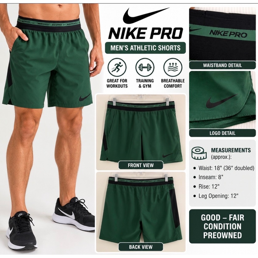Nike Pro Mens Training Shorts Forest Green Black Waistband Athletic Size XL